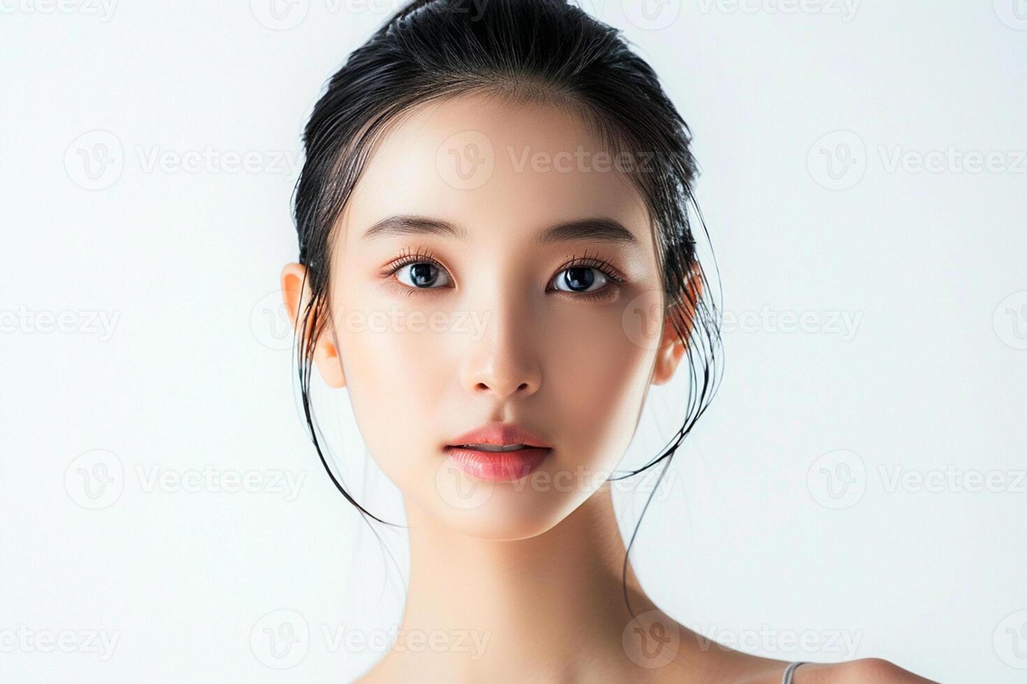 skön ung asiatisk kvinna med rena färsk hud och mörk hår på vit bakgrund, ansikte vård, ansiktsbehandling behandling, kosmetisk, kosmetologi, skönhet och spa, asiatisk kvinnor porträtt. foto