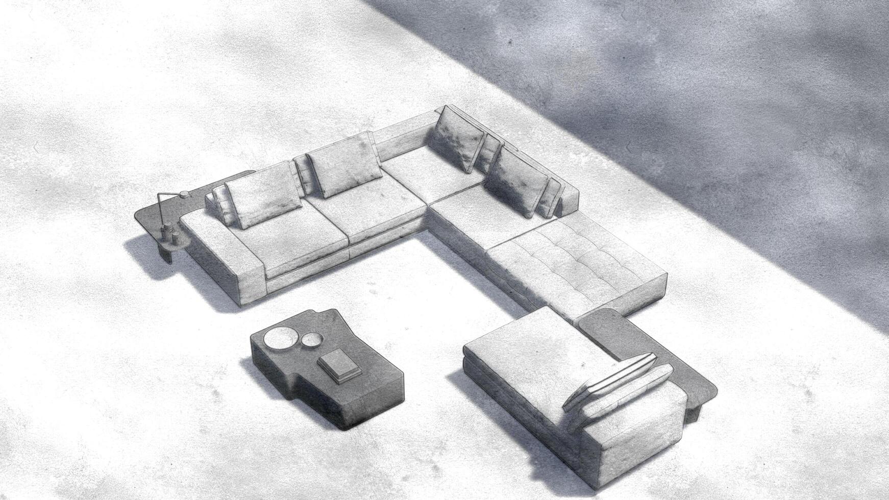 en vit soffa och en kaffe tabell är visad i en rum foto