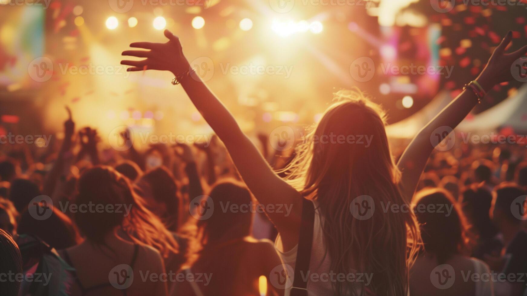 ung kvinna dans på en musik festival och har roligt med Uppfostrad händer foto