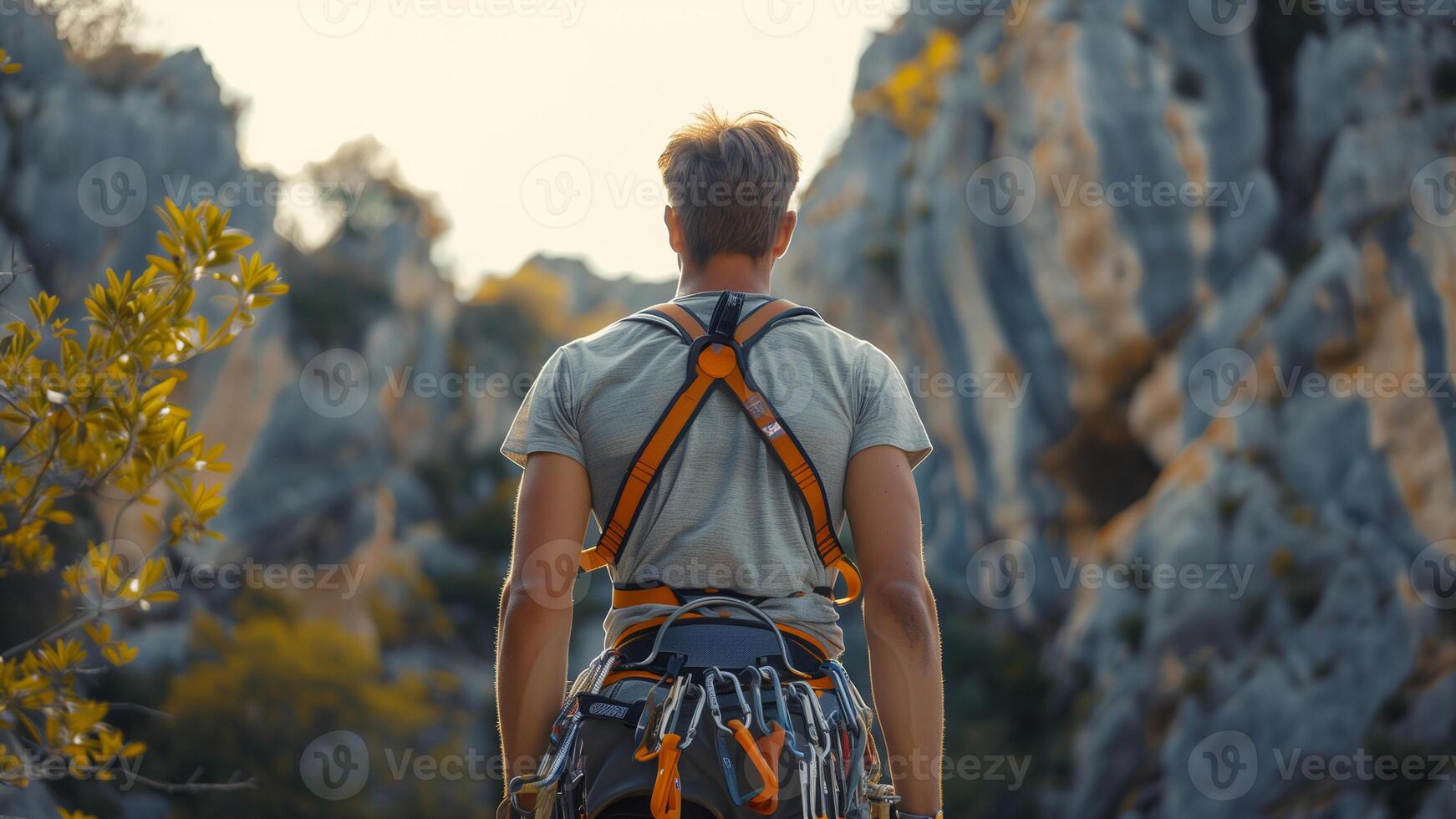 en man utrustad med klättrande redskap, stående innan en höga sten i de bergen foto