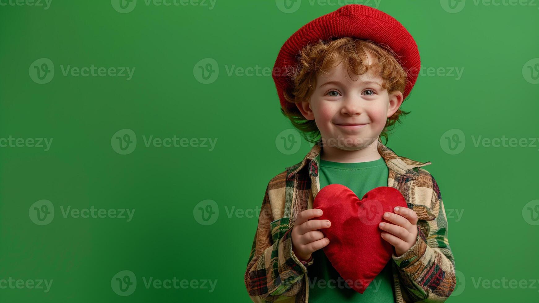 rödhårig pojke med en röd hjärta i hans händer på en grön bakgrund foto