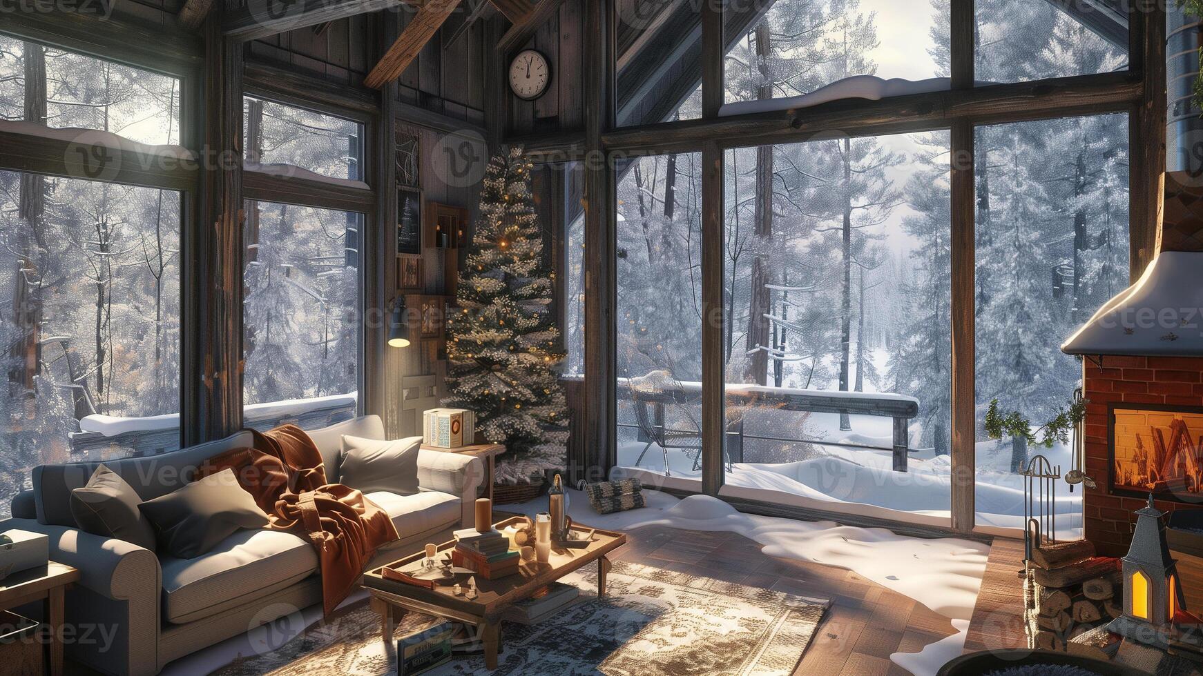 3d framställa av en mysigt vinter- levande rum med öppen spis och jul träd foto