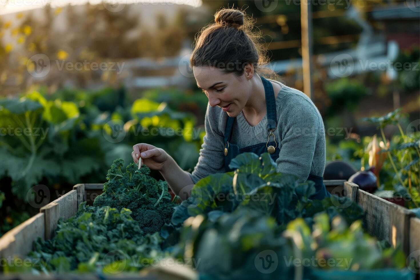 Lycklig jordbrukare skörd grönsaker i de organisk trädgård, trädgårdsarbete begrepp foto