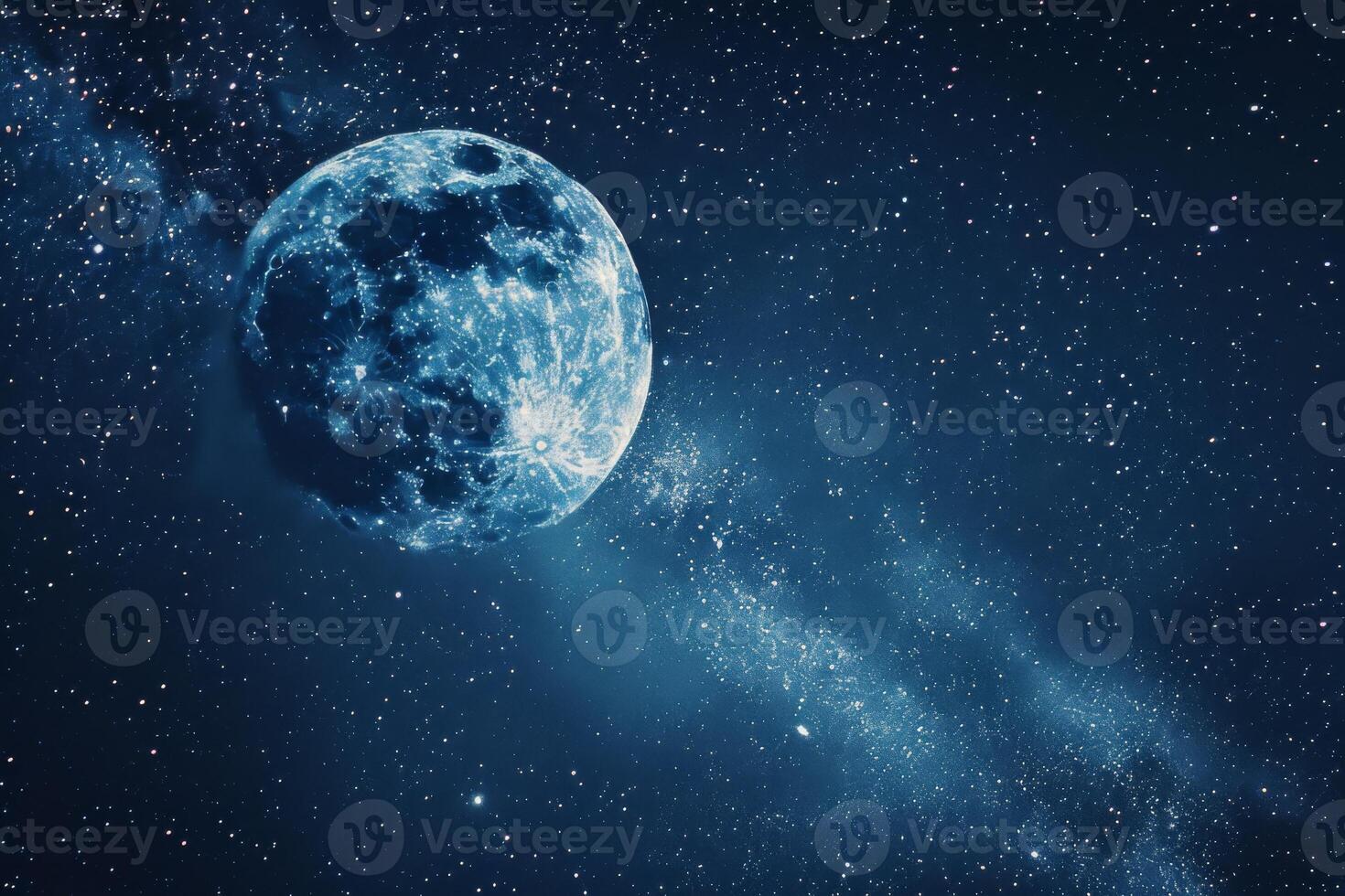 en strålnings full måne ljus och glans briljant mot de bakgrund av en stjärna dubbade natt himmel med mjölkig sätt frammanande de väldighet av de universum foto