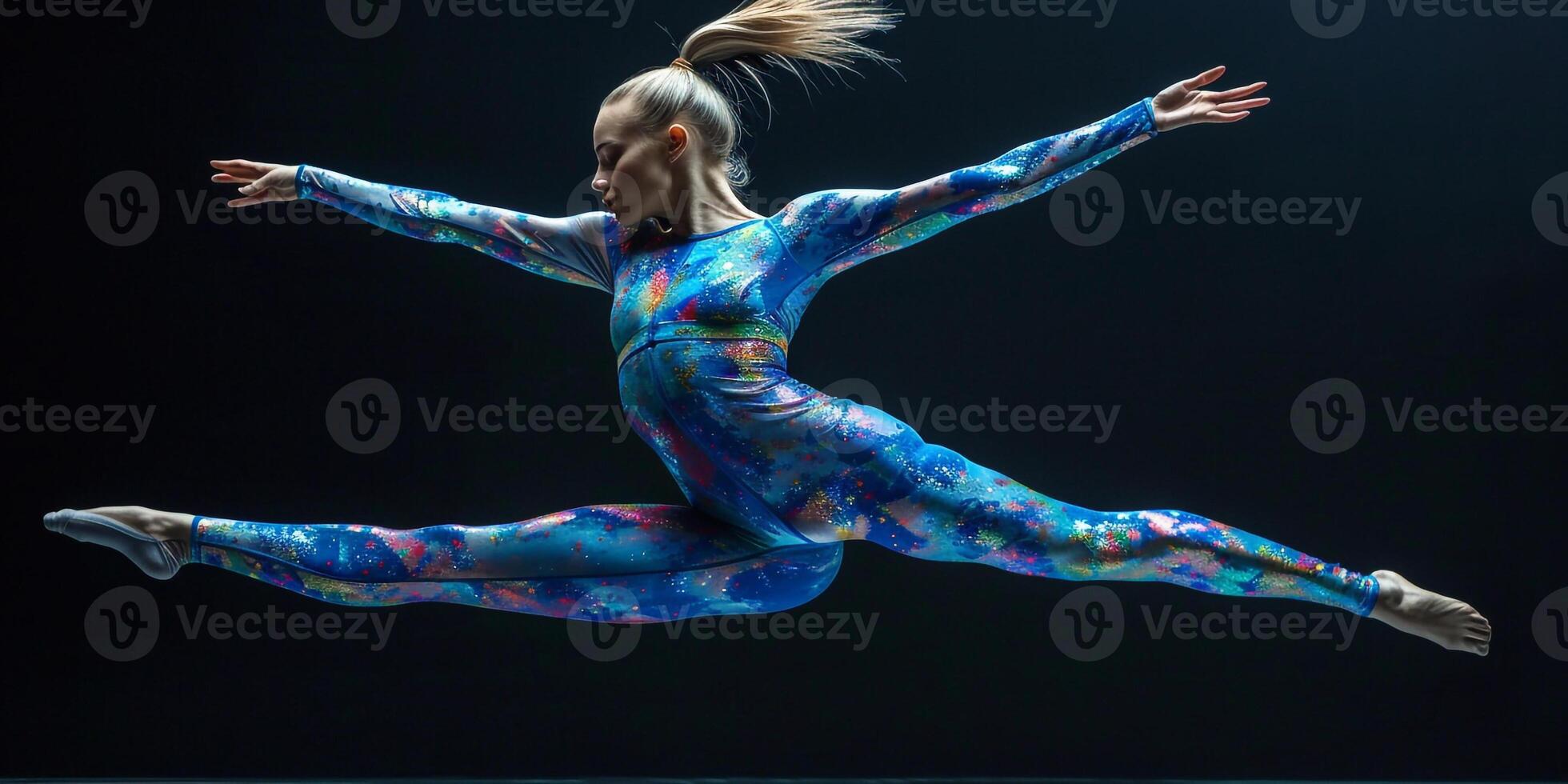 ai genererad ung skön kvinna sportig dansare i svart trikåer utför modern stil balett framställning akrobatisk element kvinna balett dansare i konst prestanda i främre av bakgrund foto