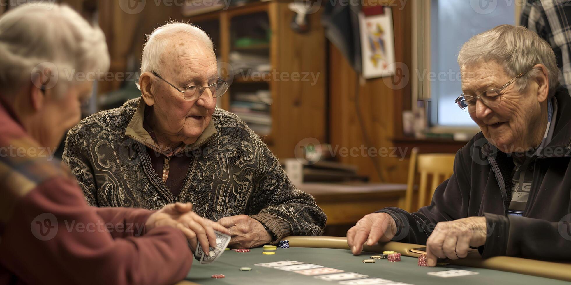 ai genererad grupp av seniors spelar kort i de pensionering hus foto