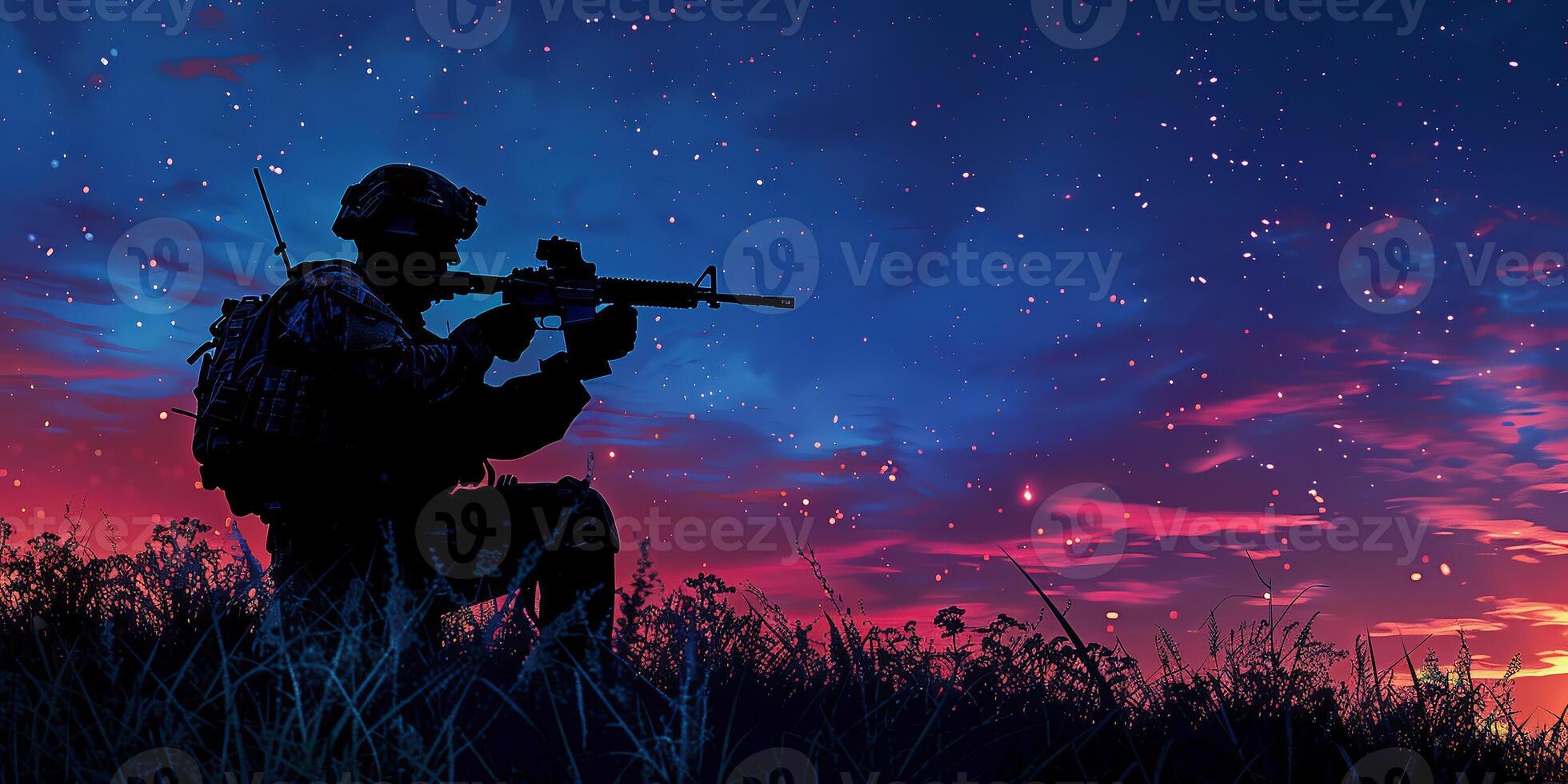 ai genererad modig soldat med gevär mot brand explosioner och rök foto