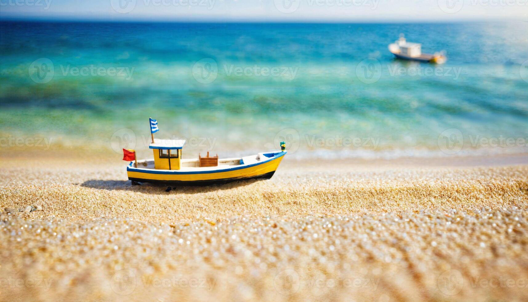 miniatyr- scen av båt och sand strand ö, foto