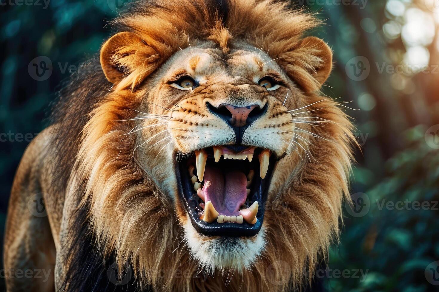 ai genererad närbild porträtt av lejon med bred toothy flin ser på kamera. utstrålar förtroende och kraft, vilda djur och växter fotografi, djur-tema mönster, styrka och grymhet i marknadsföring kampanjer foto