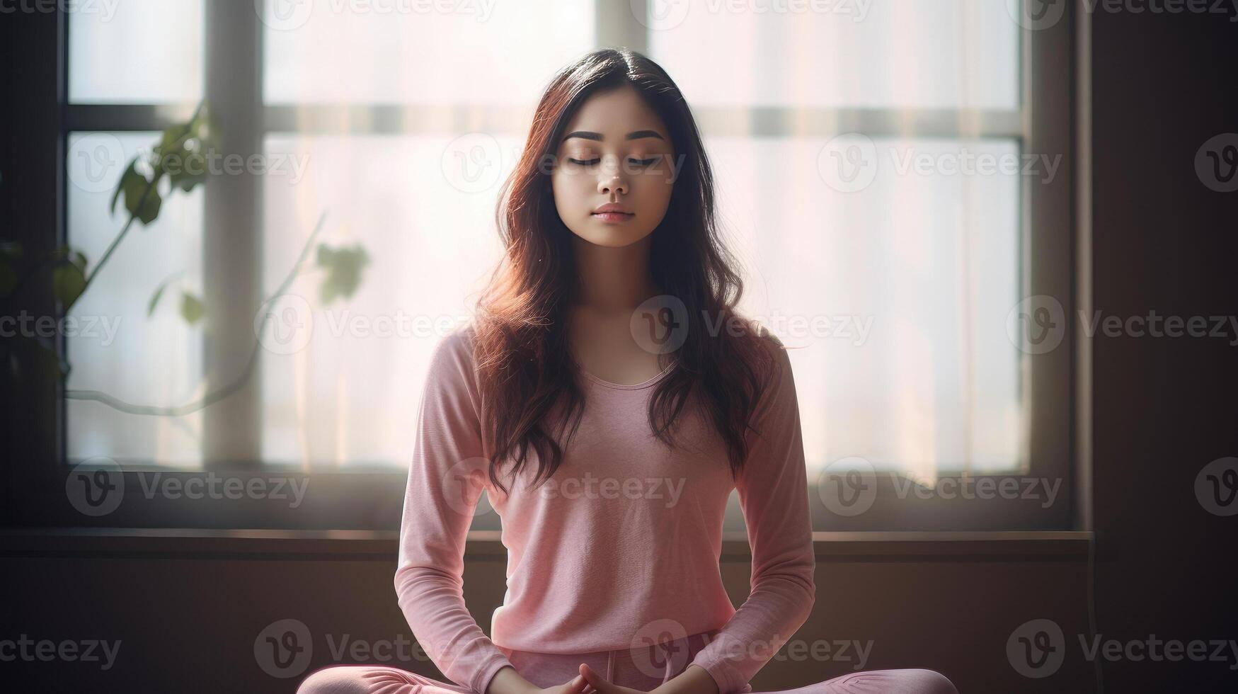 ai genererad asiatisk kvinna i mjuk rosa sportkläder håller på med yoga i främre av fönster, lugna friska ung lady meditera på Hem, dagsljus, suddig bakgrund, sport, hälsa, egenvård begrepp, minimalistisk stil foto