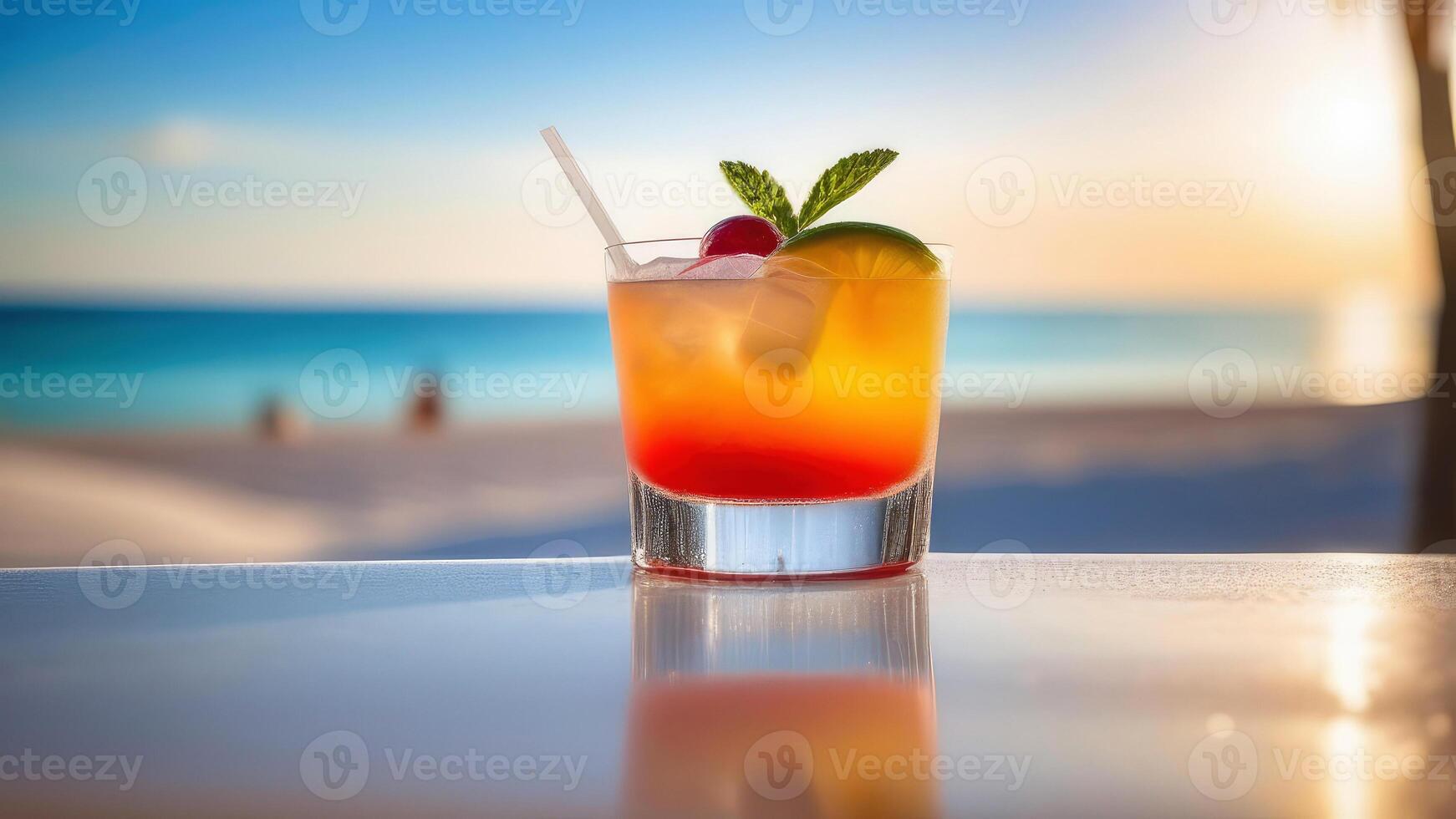 ai genererad glas av cocktail på strand bar disken, blå himmel, vit oceanisk sand, ljus suddig bakgrund, selektiv fokus, kopia Plats foto