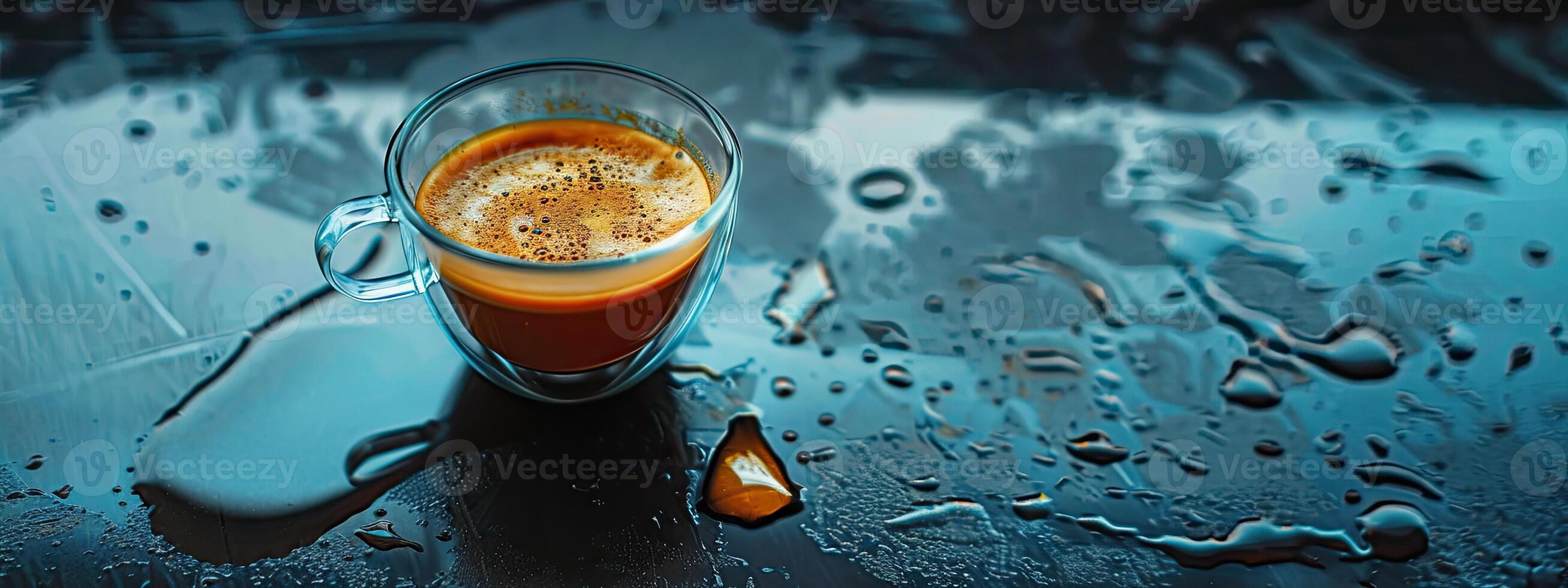 kaffe i glas kopp på våt yta foto