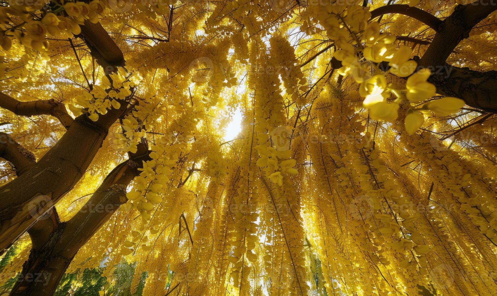 laburnum blommar formning en tak av gyllene blommor foto