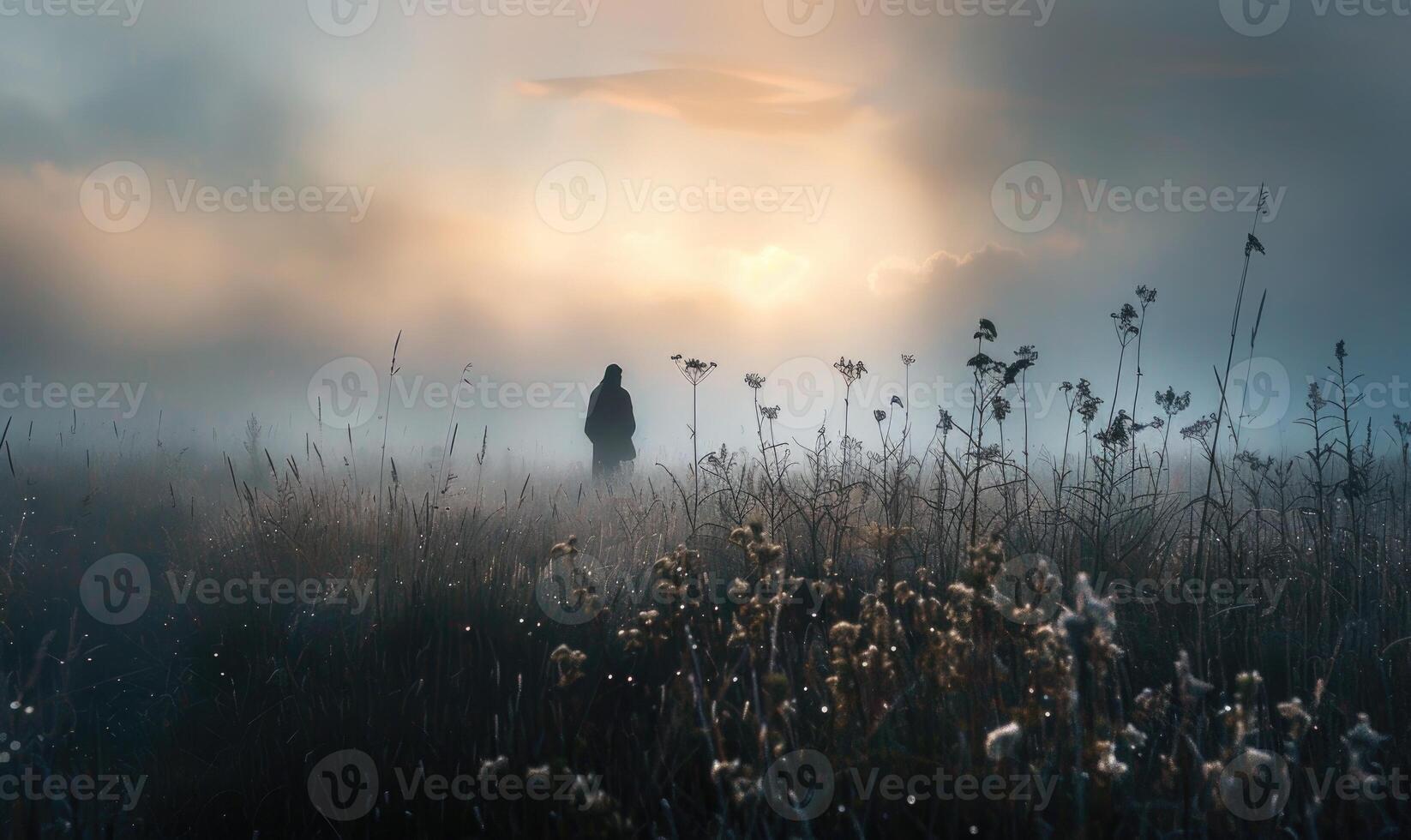 figur av en ensam person i de äng i skymning foto