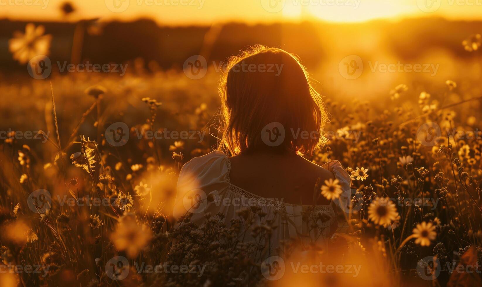 porträtt av ung kvinna i de fält i solnedgång ljus foto