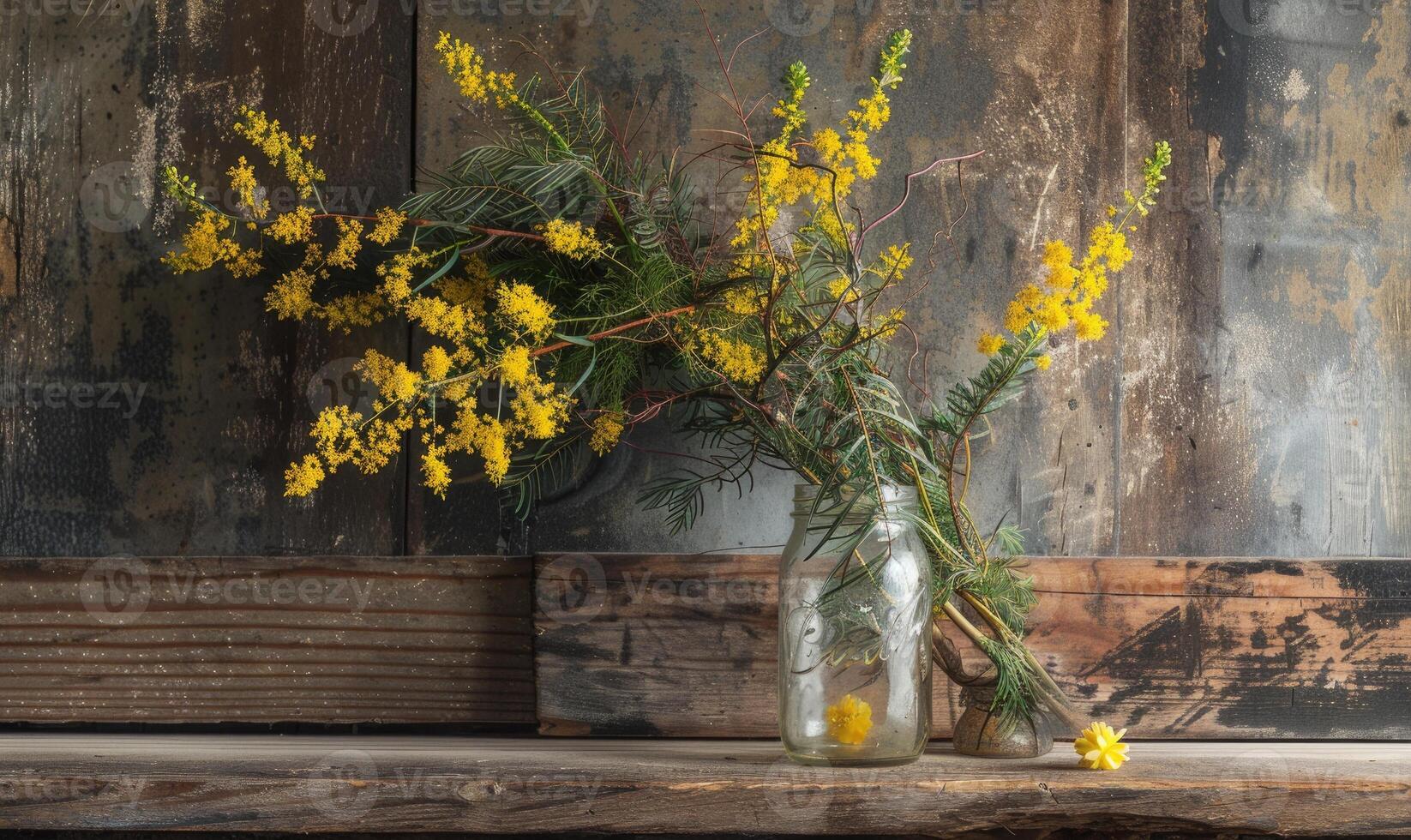 en rustik mantel Utsmyckad med en murare burk fylld med mimosa grenar foto