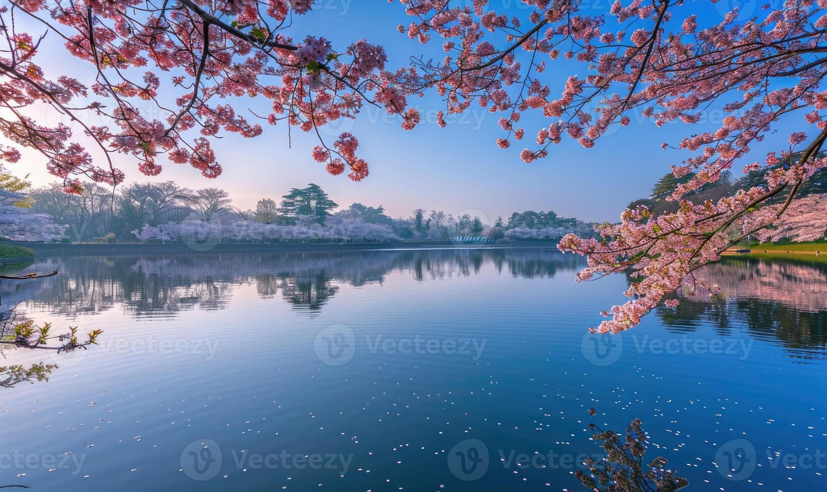 en vår sjö omgiven förbi blomning körsbär blommar foto