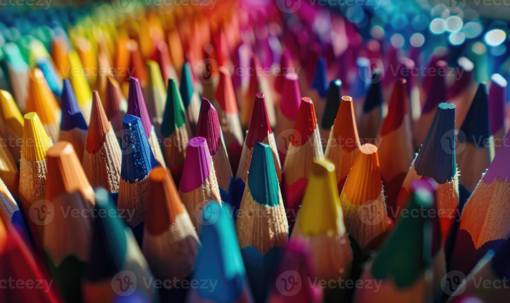 ett över huvudet skott av färgad pennor anordnad i en mönster, abstrakt bakgrund med färgad pennor foto