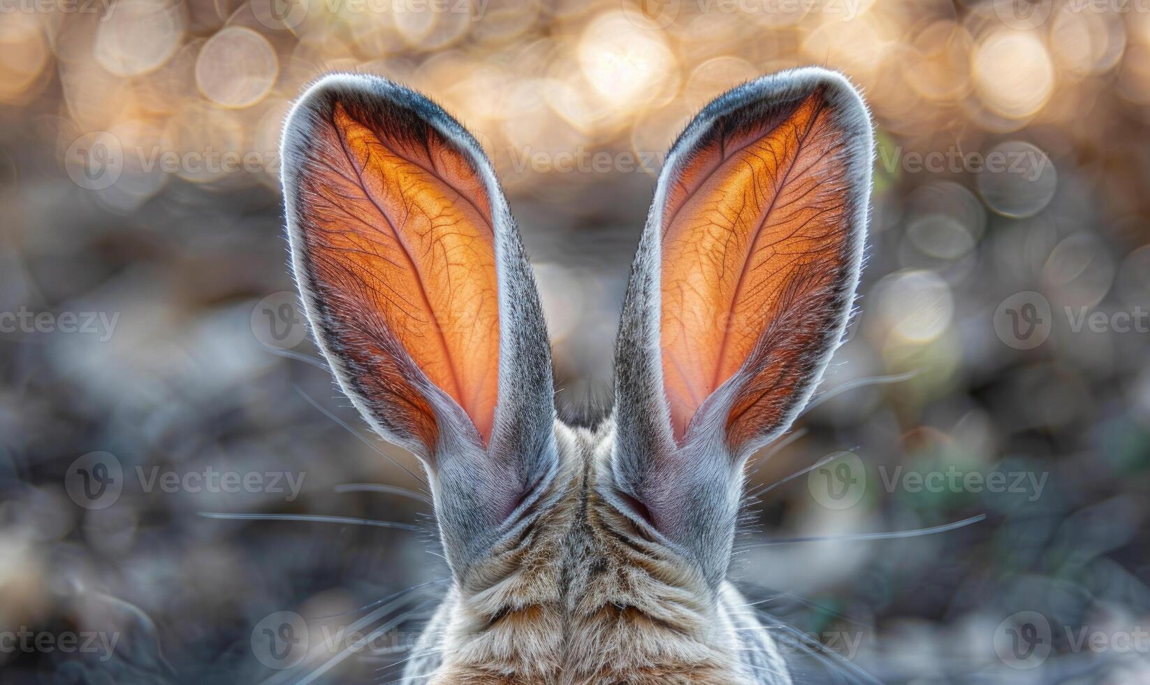 närbild av en fluffig kaninens öron perked upp foto