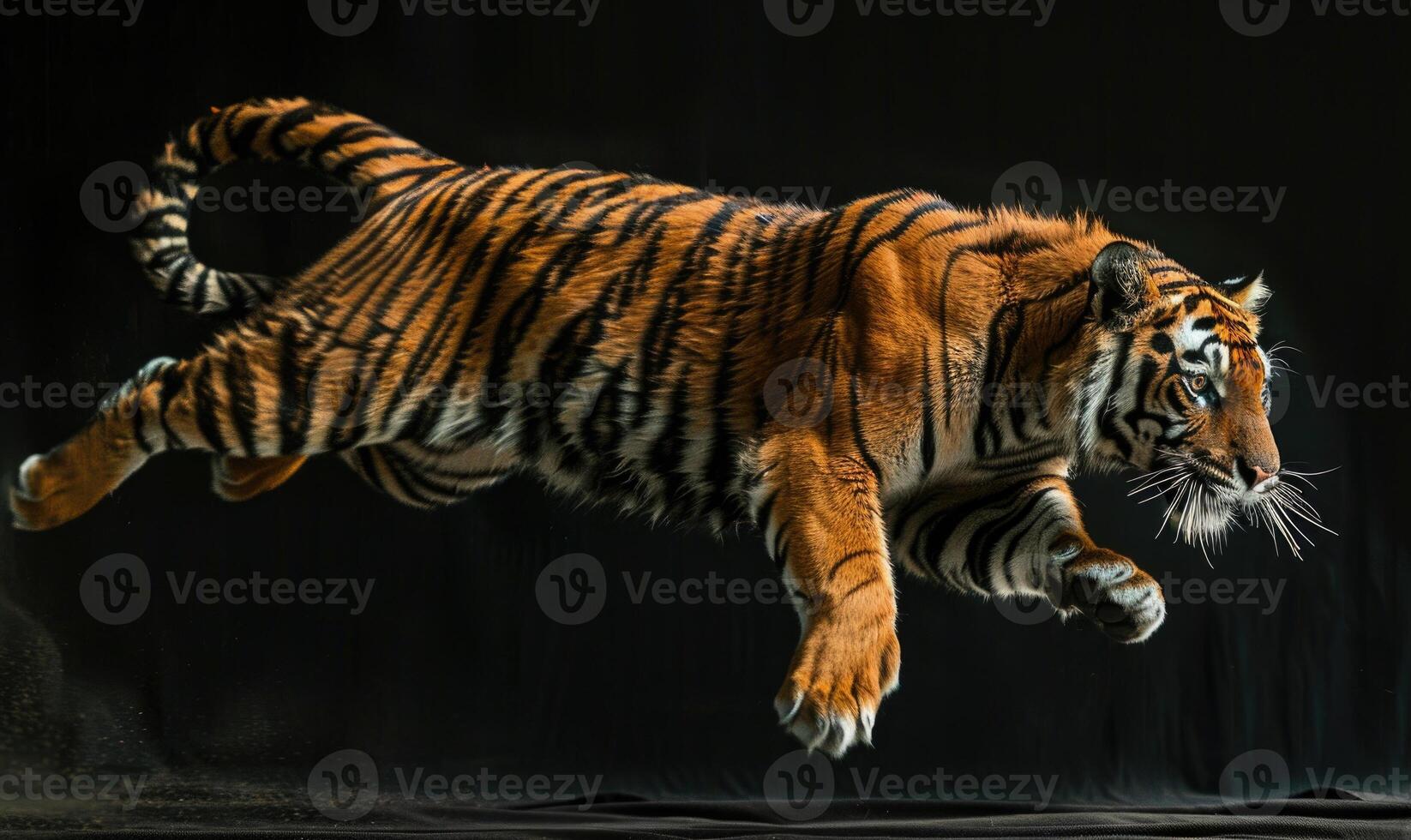 ett indokinesiska tiger fångad i rörelse mot en studio bakgrund, tiger på svart bakgrund foto