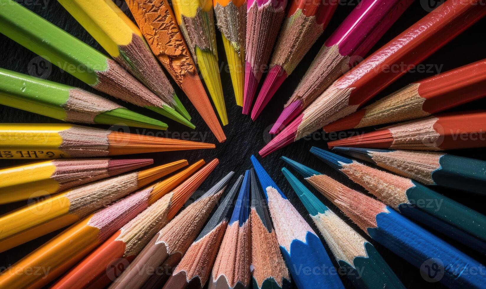 färgad pennor anordnad i en cirkulär mönster foto