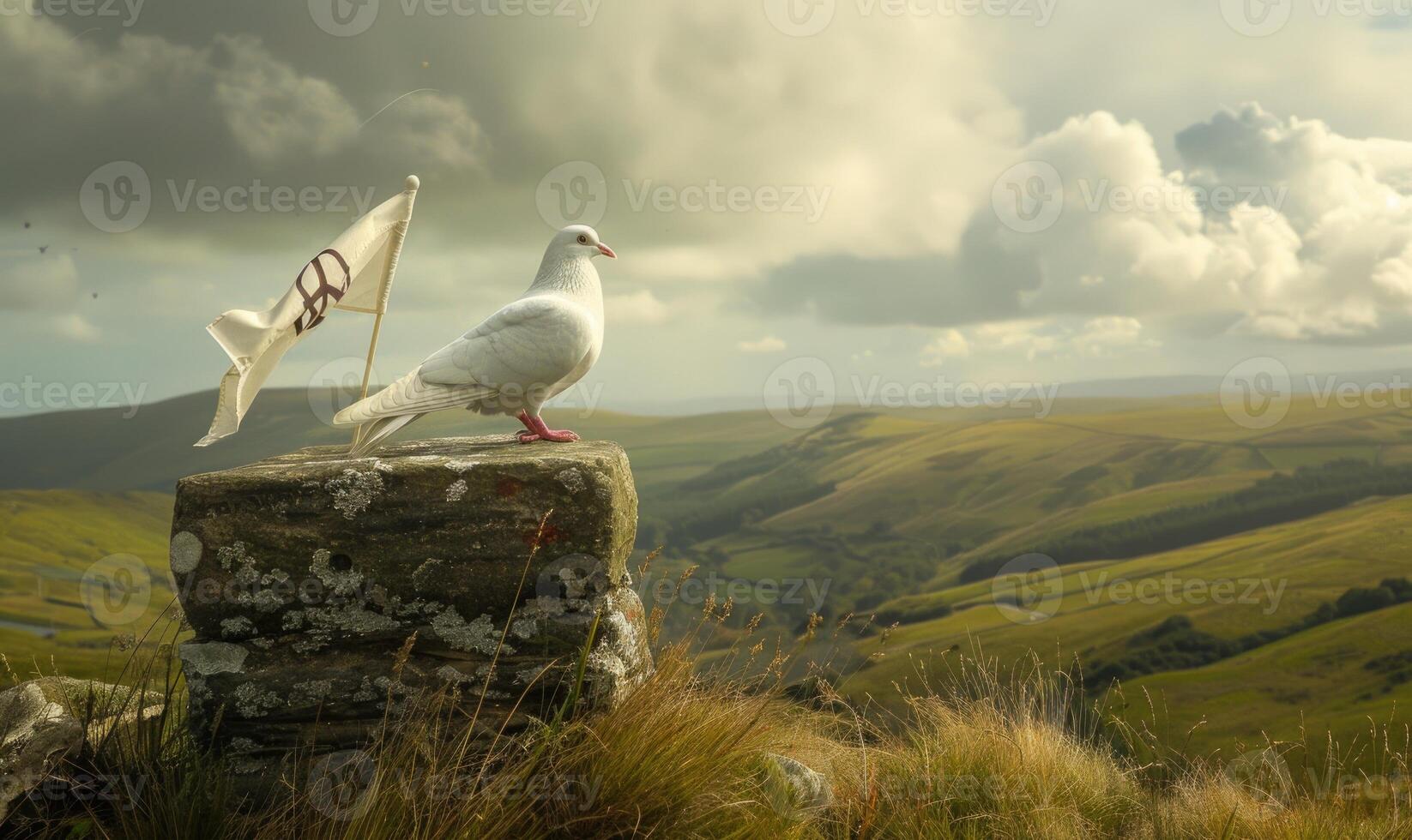 vit duva stående på en sten piedestal med en fred flagga vinka i de bris Bakom den mot en bakgrund av rullande kullar foto