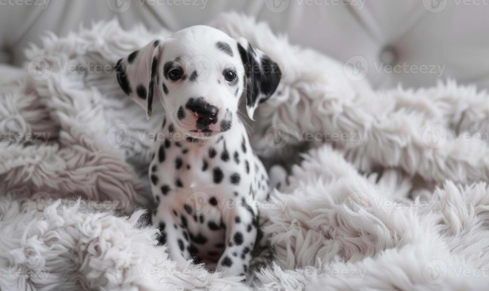 söt dalmatian valp med svart fläckar Sammanträde på en fluffig filt foto