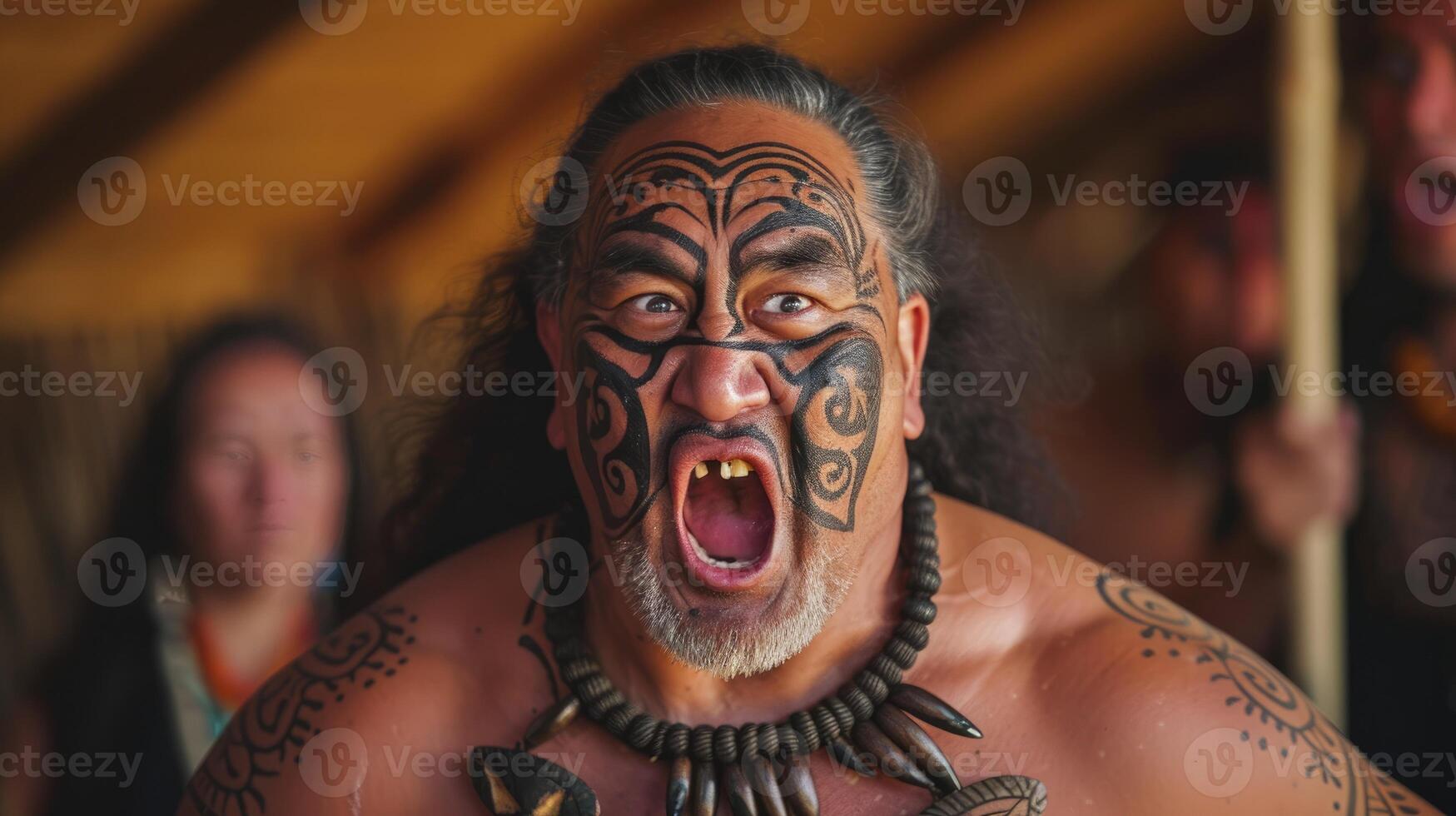 ai genererad en maori man med traditionell ansiktsbehandling tatueringar är utför en haka i en marae i ny zealand foto