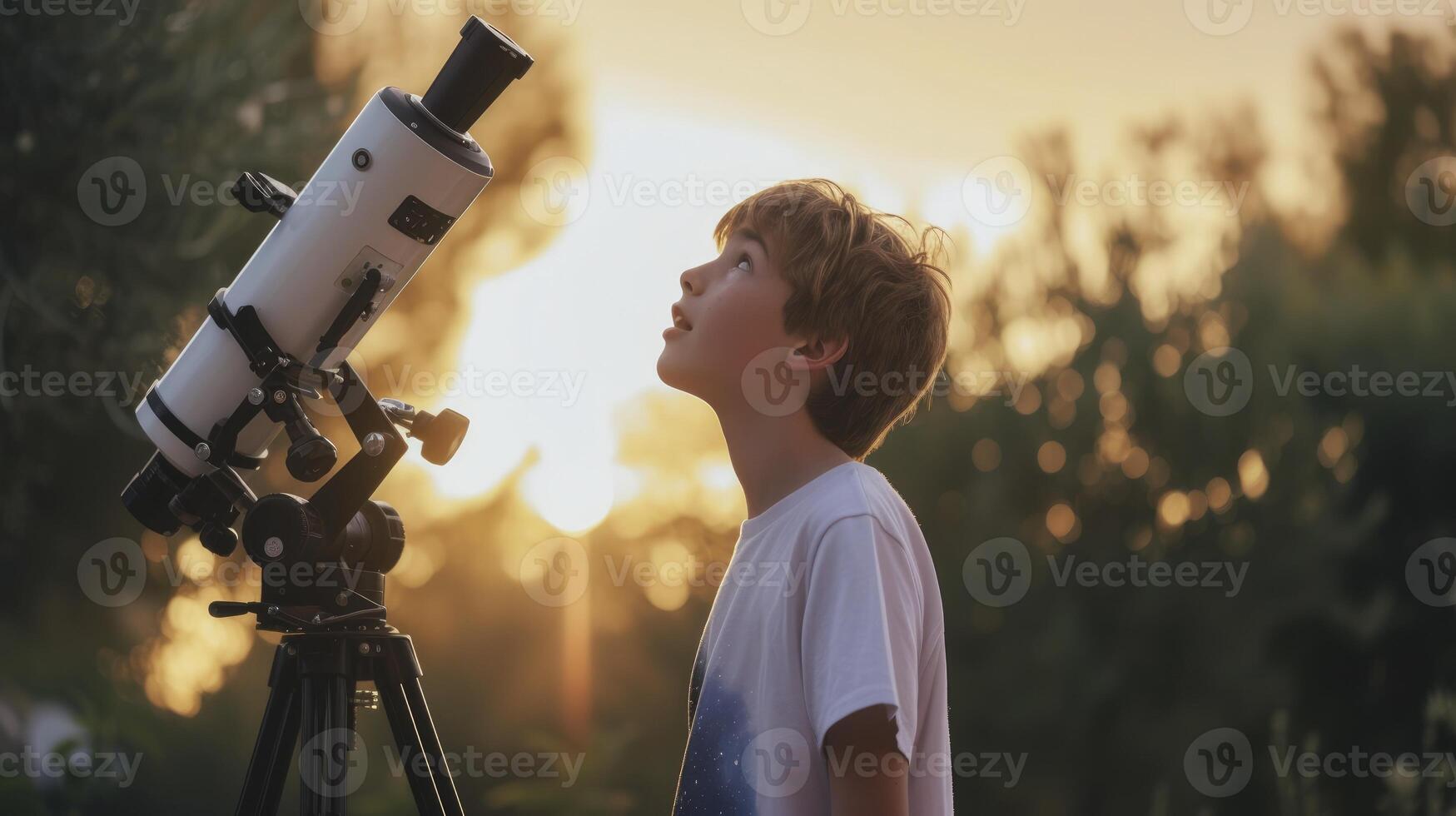 ai genererad en Tonårs pojke från Europa, med en överraskad uttryck och en teleskop, är upptäcka en ny stjärna från hans bakgård i aten, grekland foto