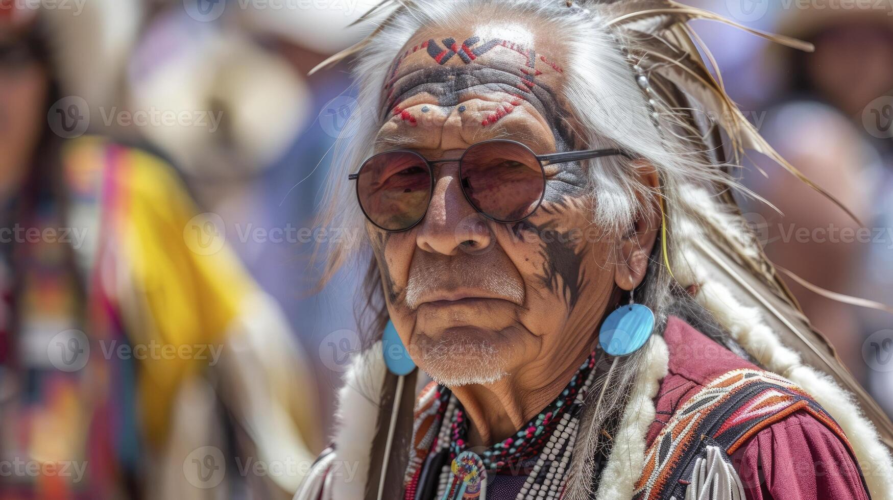 ai genererad en inföding amerikan äldre, med lång vit flätor och en riden ansikte, är utför en traditionell dansa på en powwow i arizona, foto