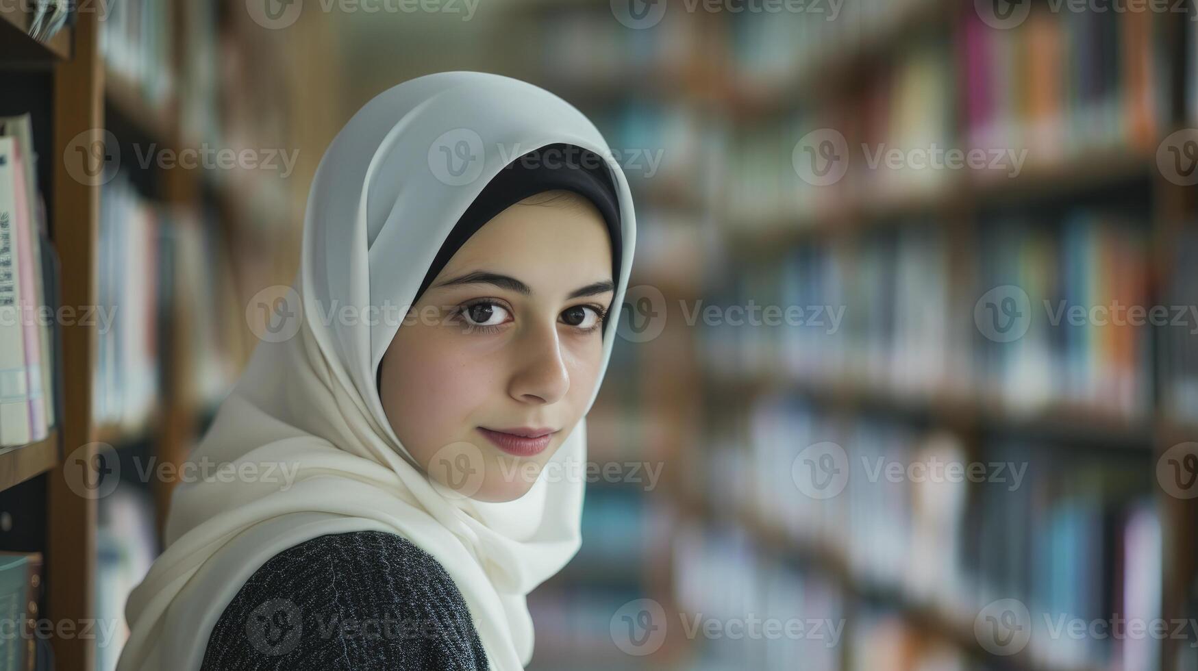 ai genererad en ung mitten östra flicka med mörk brun ögon och en hijab är studerar i en bibliotek i istanbul, foto