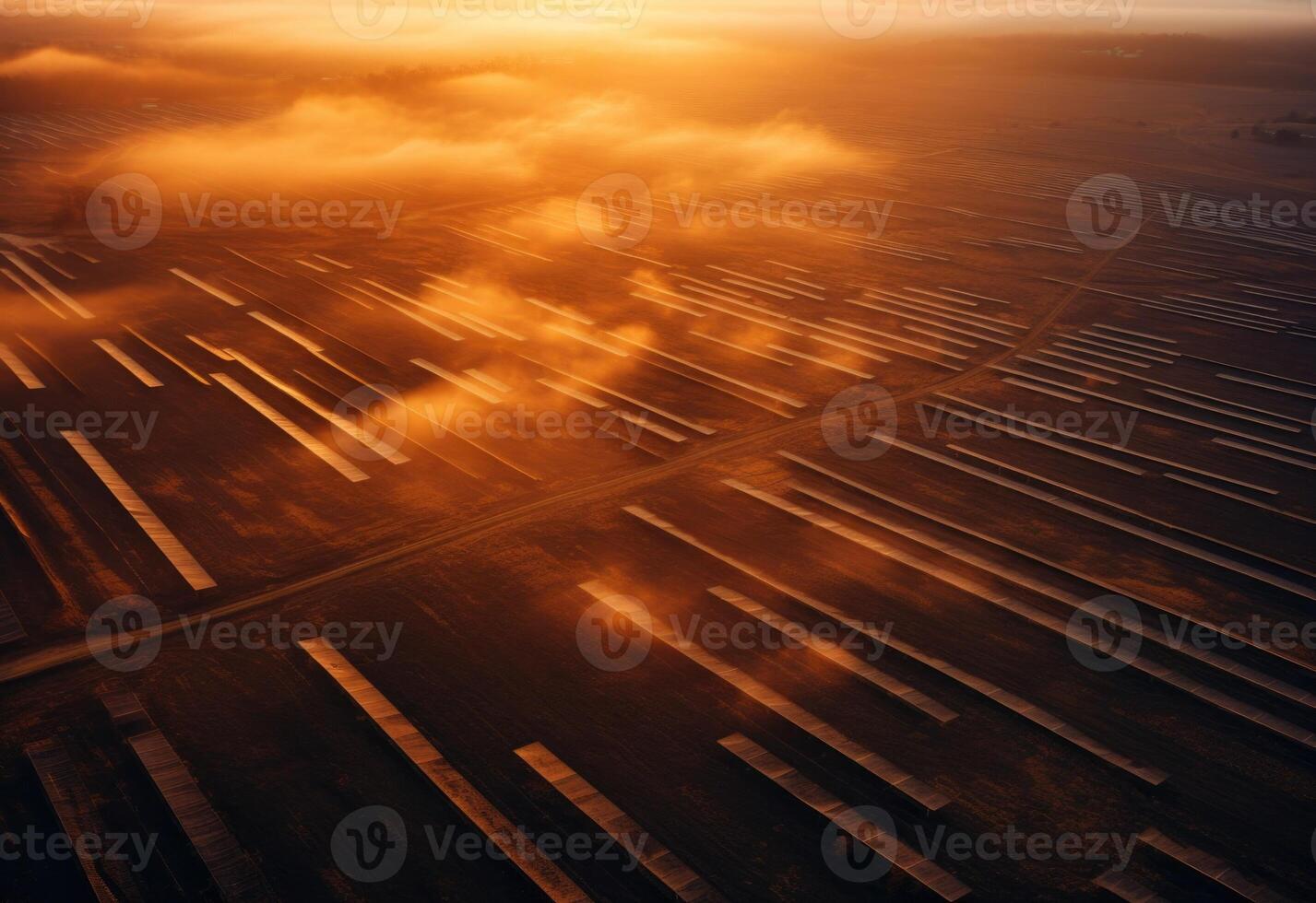 ai genererad Sol lysande över stor array av sol- paneler foto