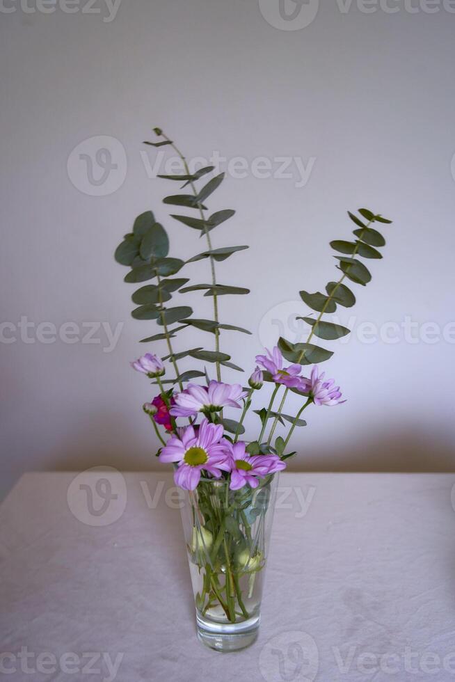 rosa krysantemum och eukalyptus i en transparent glas på de tabell foto