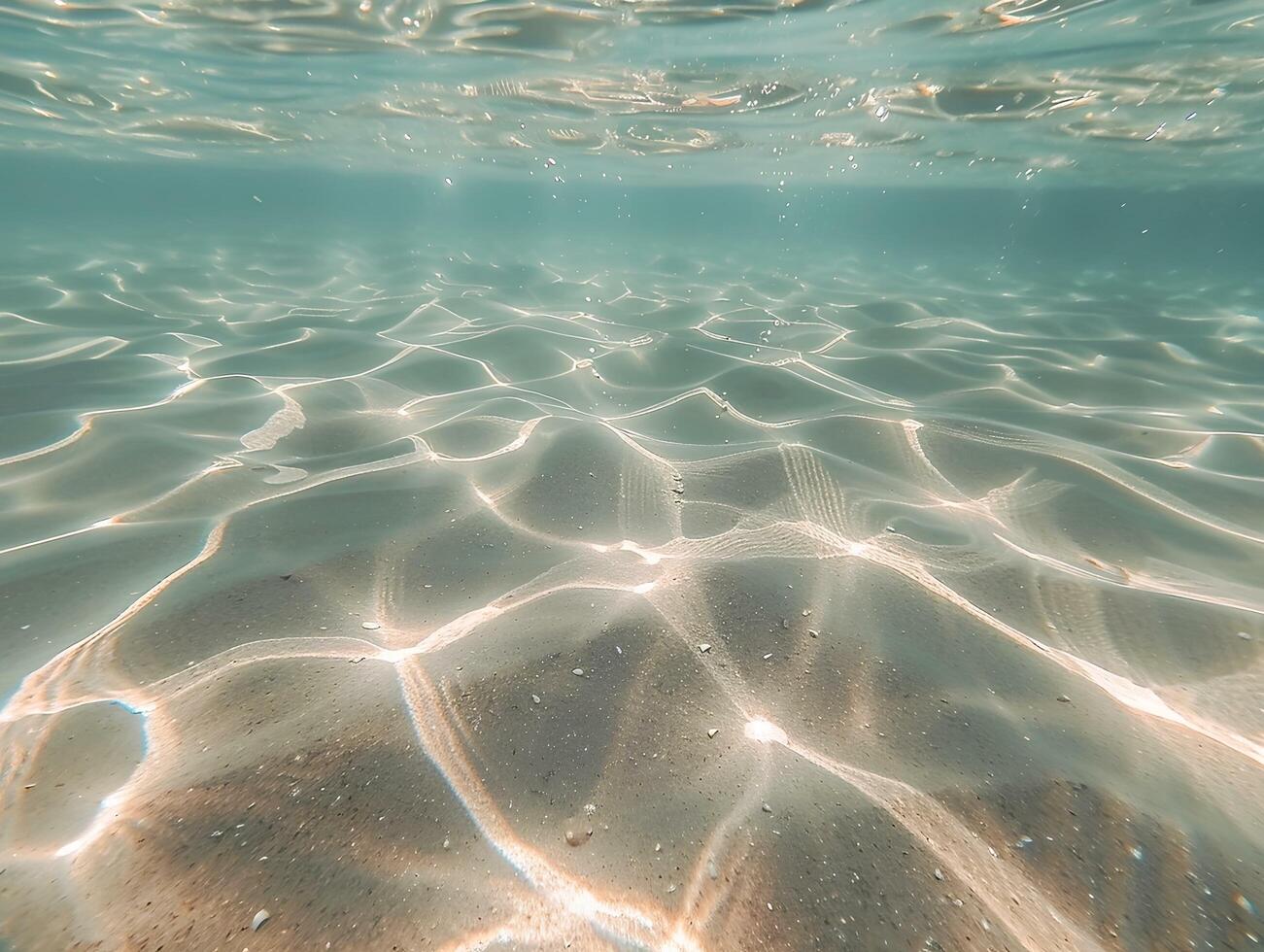 ai genererad en skön under vattnet se av de klar, turkos hav med en sandig botten och strålar av solljus filtrering genom de vatten. de ljus speglar av de lugna vattnen foto