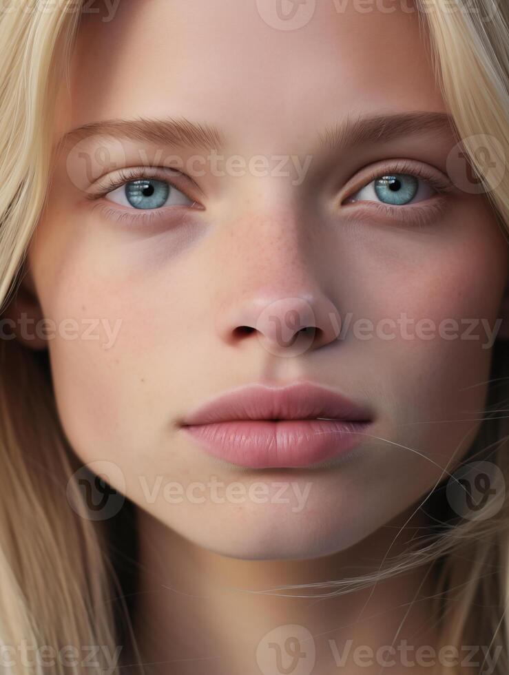 skön ung kvinna med blond hår och blå ögon. naturlig skönhet närbild av en topp modell med lysande friska hud foto