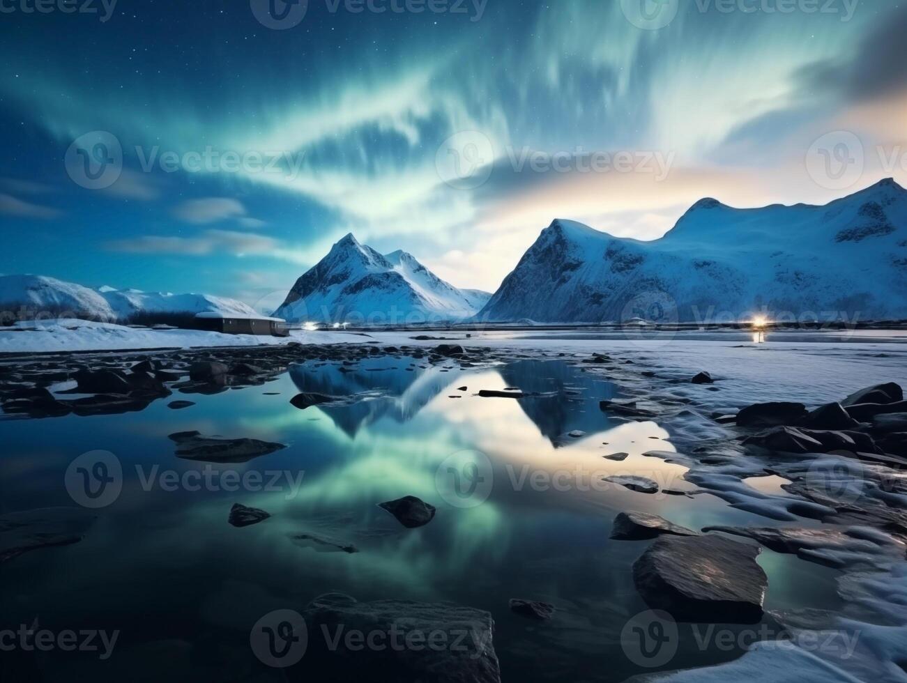 nothern lampor över de hav snöig berg. vinter- landskap. ny år begrepp foto