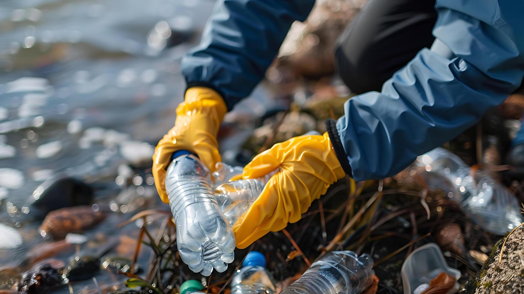 en person i gul handskar är plockning upp plast flaskor foto