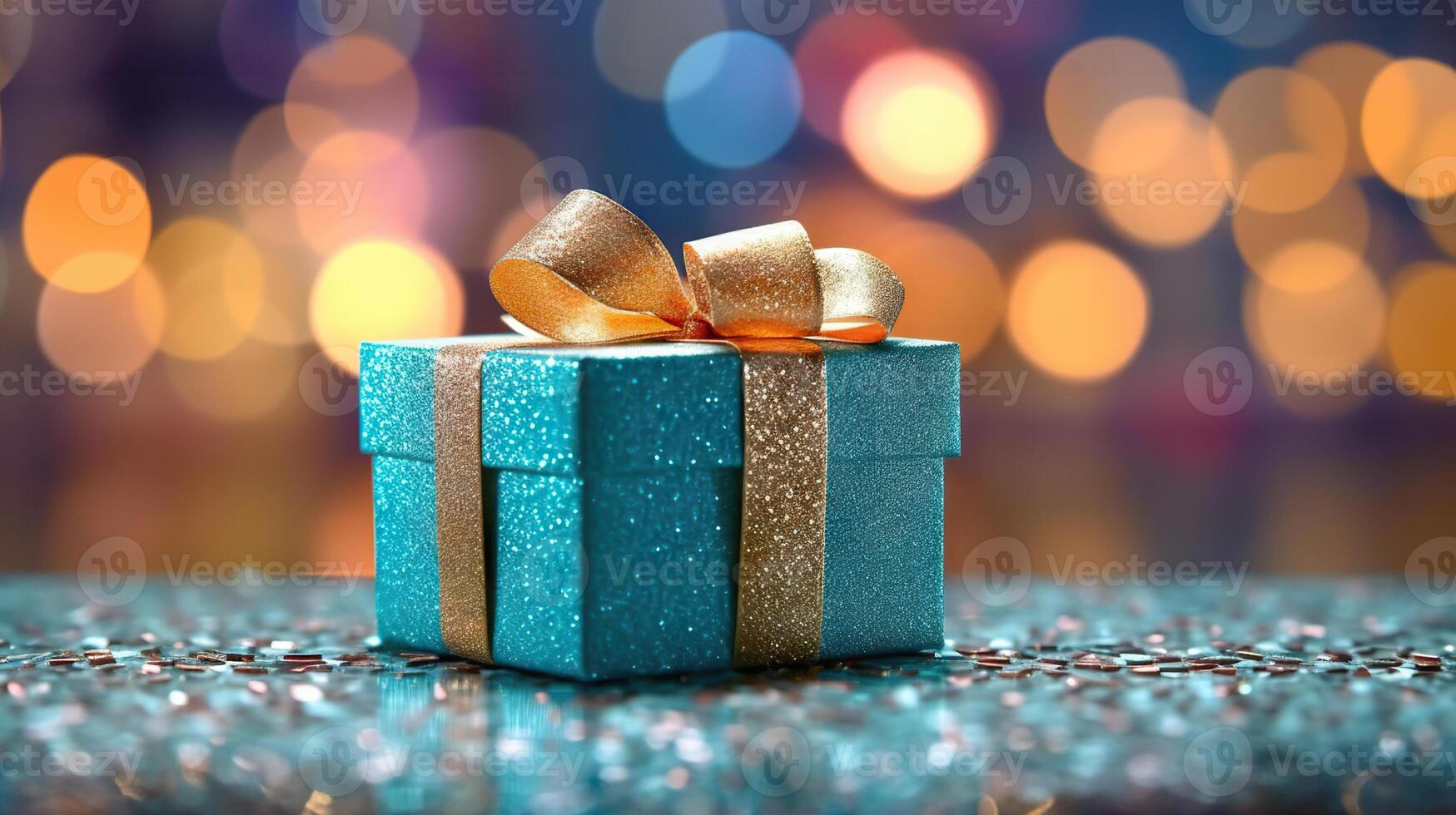 ai genererad festlig gåva låda upplyst förbi bokeh bakgrund för glad tillfällen och innerlig hälsningar. skapas med generativ ai foto