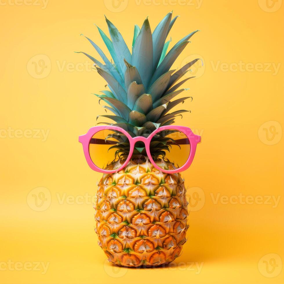 ai genererad rolig ananas bär glasögon på en gul bakgrund. 3d tolkning foto