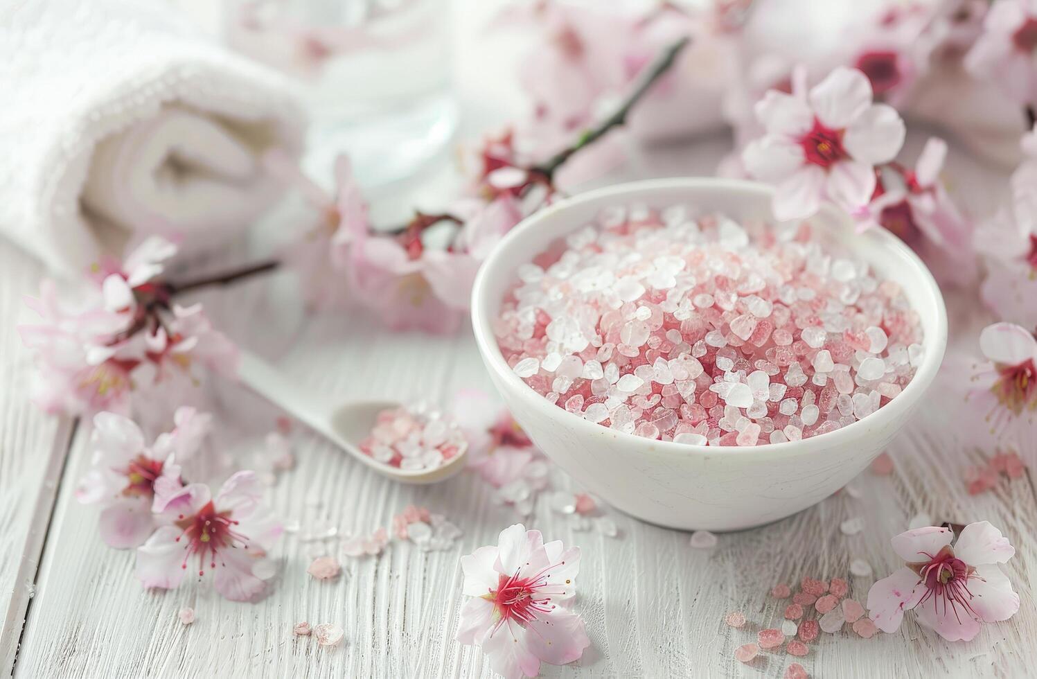 vit skål fylld med rosa blommor Nästa till en sked foto