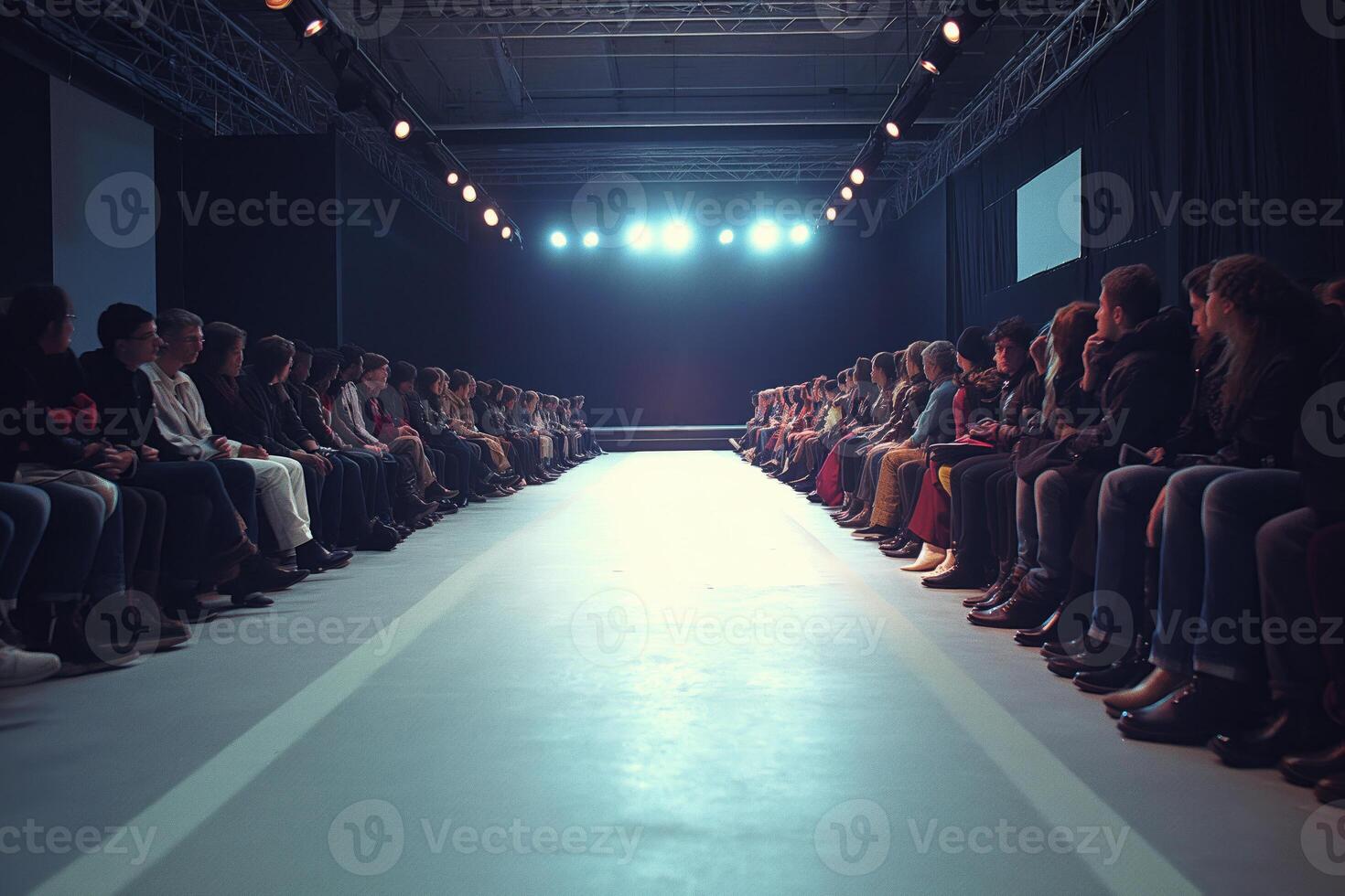 publik sittande längs de bana på en mode visa under strålkastare. foto