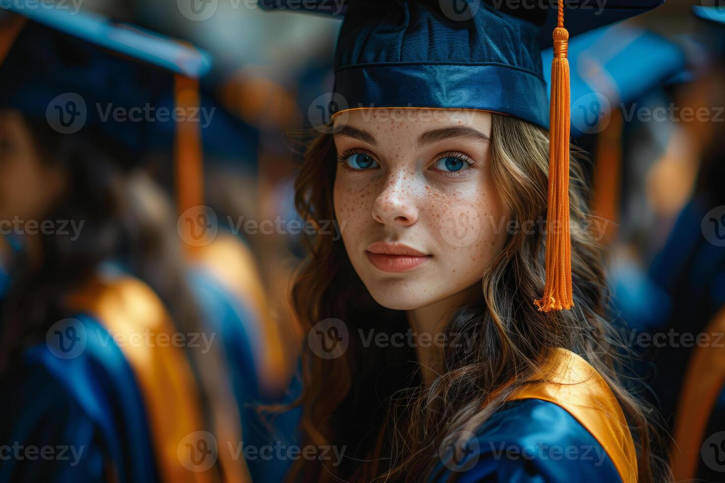 ai genererad kvinna examen firar gradering dag på högskola foto