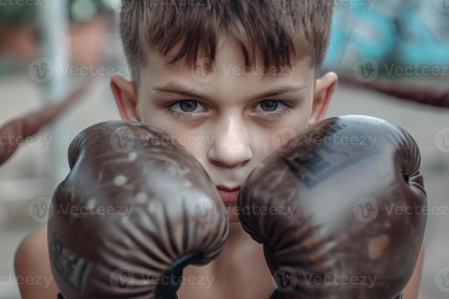 ai genererad mager pojke i boxning handskar utseende på de kamera foto