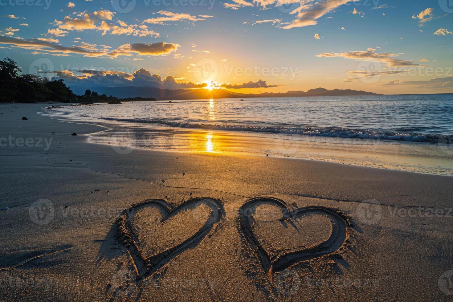 ai genererad två hjärtan dragen på sand av paradis strand på solnedgång foto