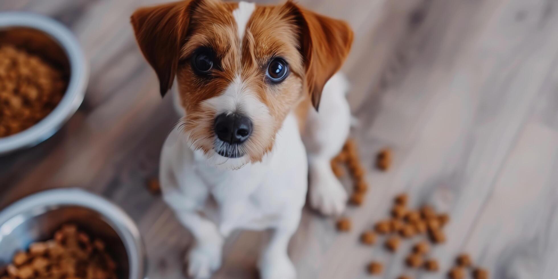 ai genererad brun hund stående Nästa till mat skål foto