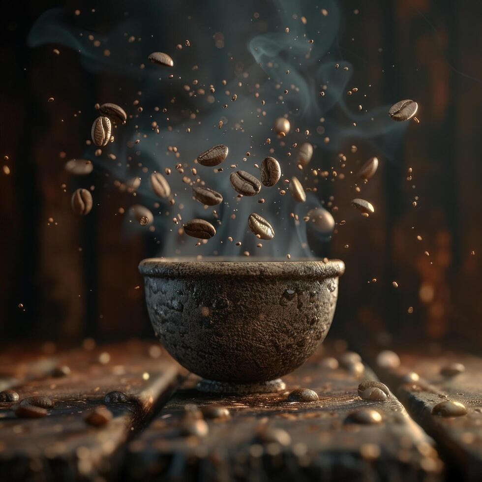 ai genererad kaffe bönor faller från en kopp på en mörk bakgrund, i de stil av vray, smokey bakgrund foto