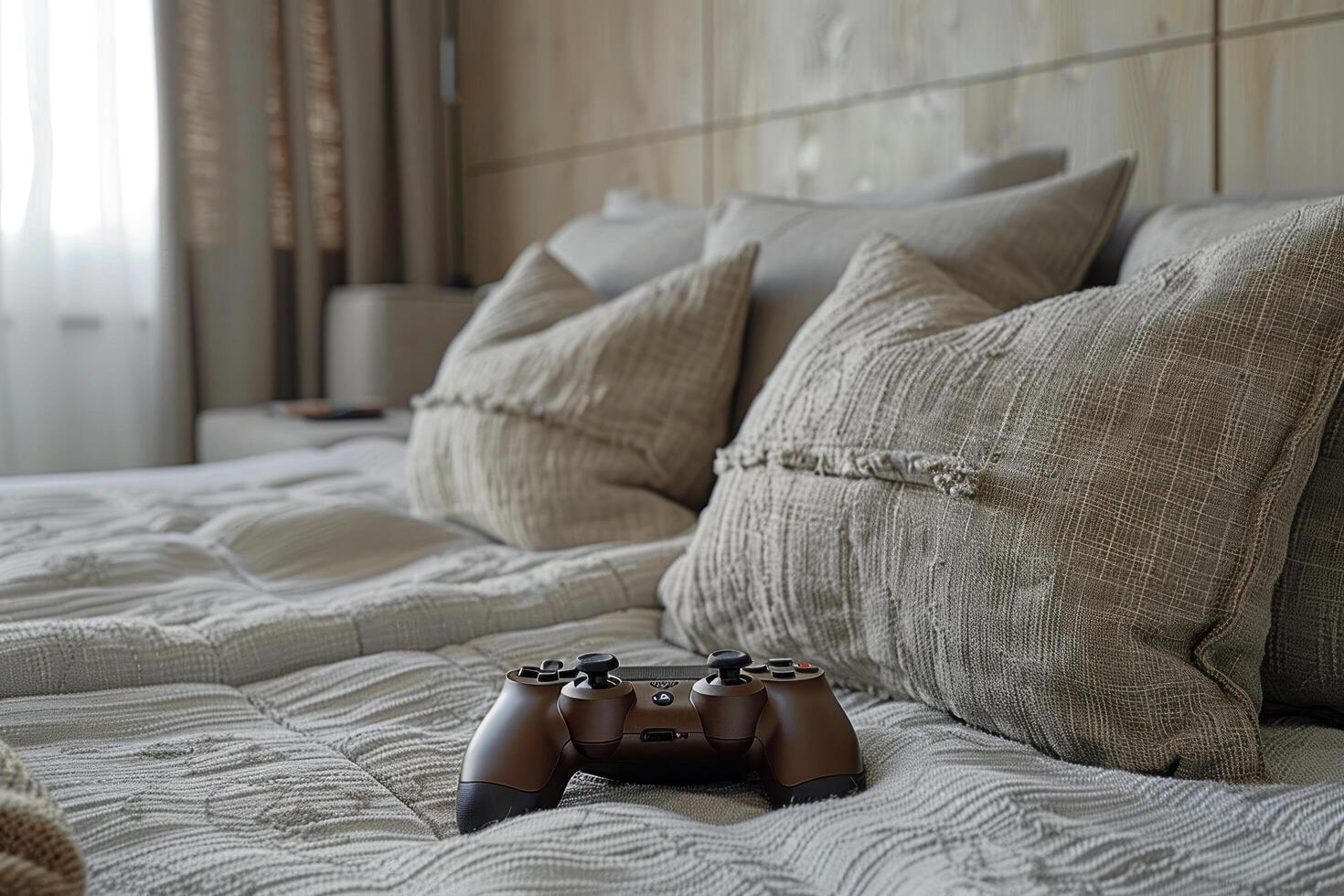 ai genererad en säng i grå toner i en minimalistisk modern design på som lögner en gaming joystick foto