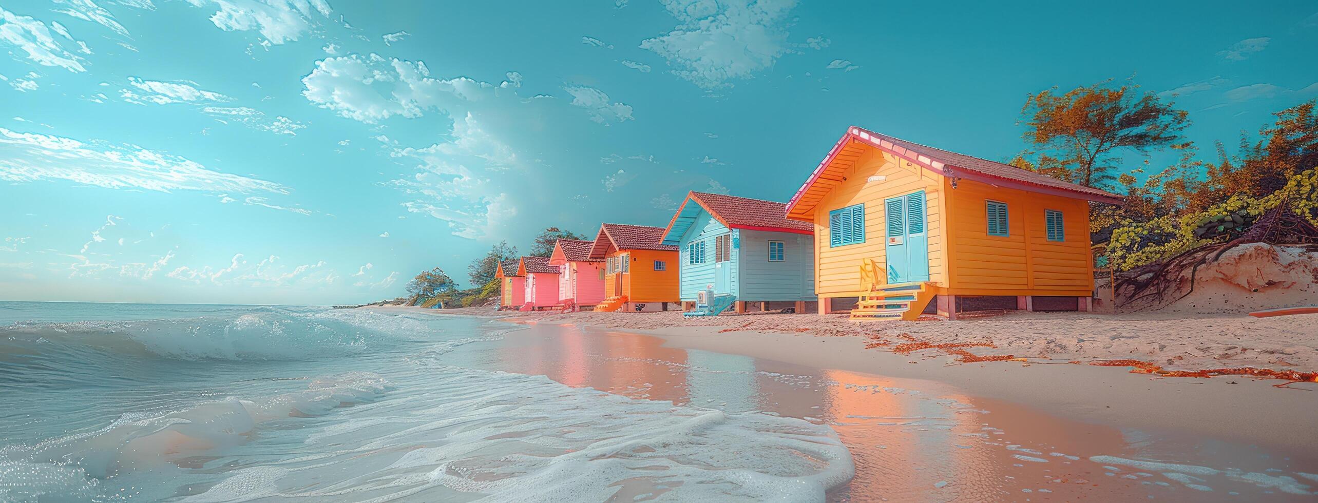 ai genererad enkel tropisk strand sand med färgrik strand hyddor i strand, hav och havsvatten bakgrund foto