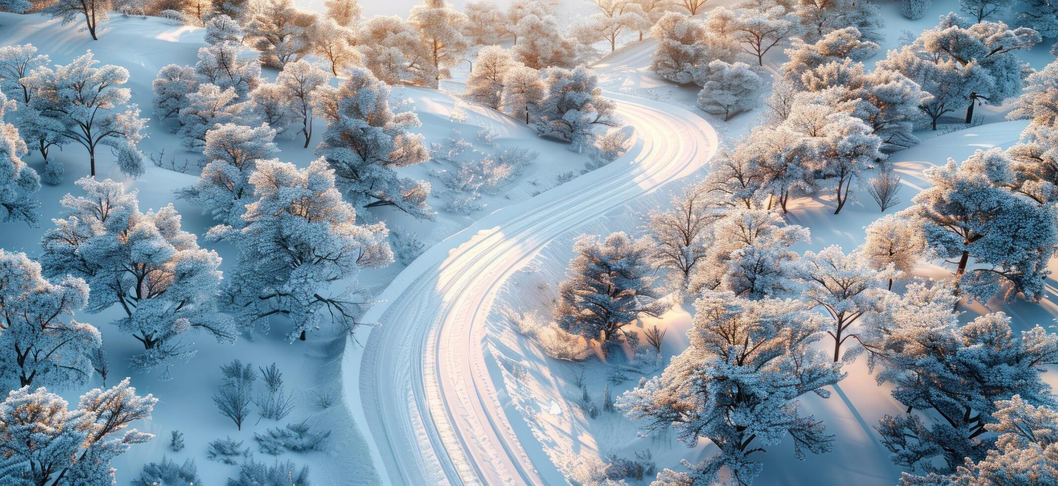 ai genererad en lindning väg täckt i snö omgivande träd foto