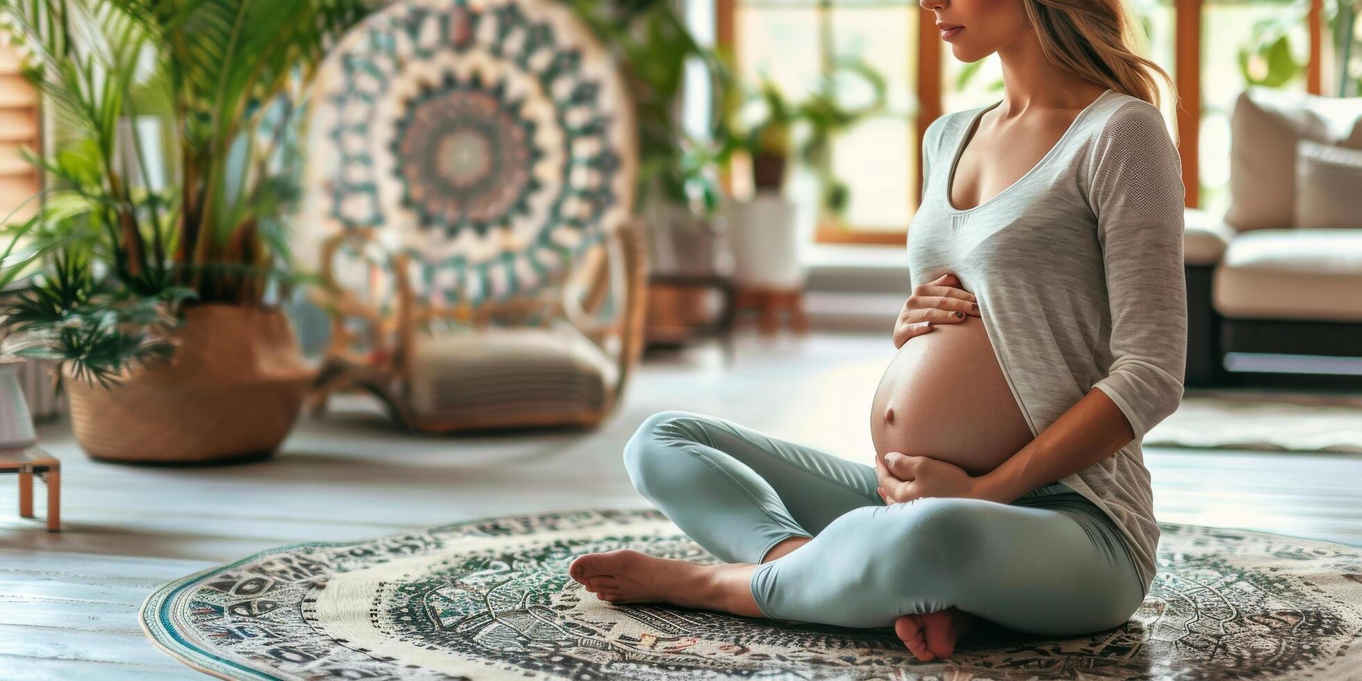 ai genererad gravid kvinna Sammanträde på matta i levande rum foto